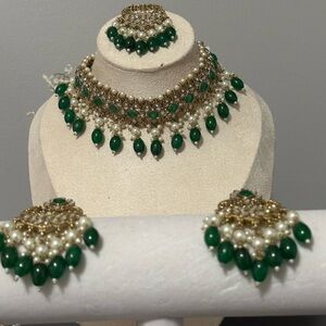 Emerald Green Choker Necklace Set with Earrings & Tikka